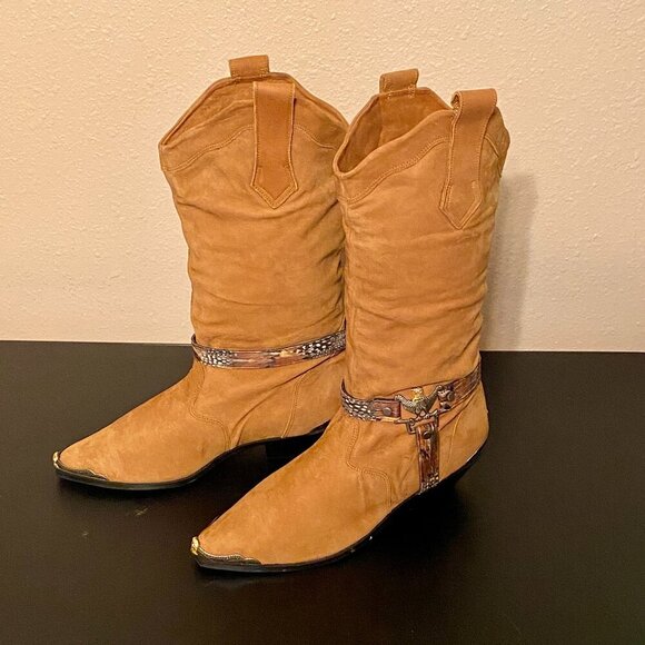 Maine Woods Shoes - Maine Woods deer skin brown leather eagle harness cowboy boots Women's Size 10M